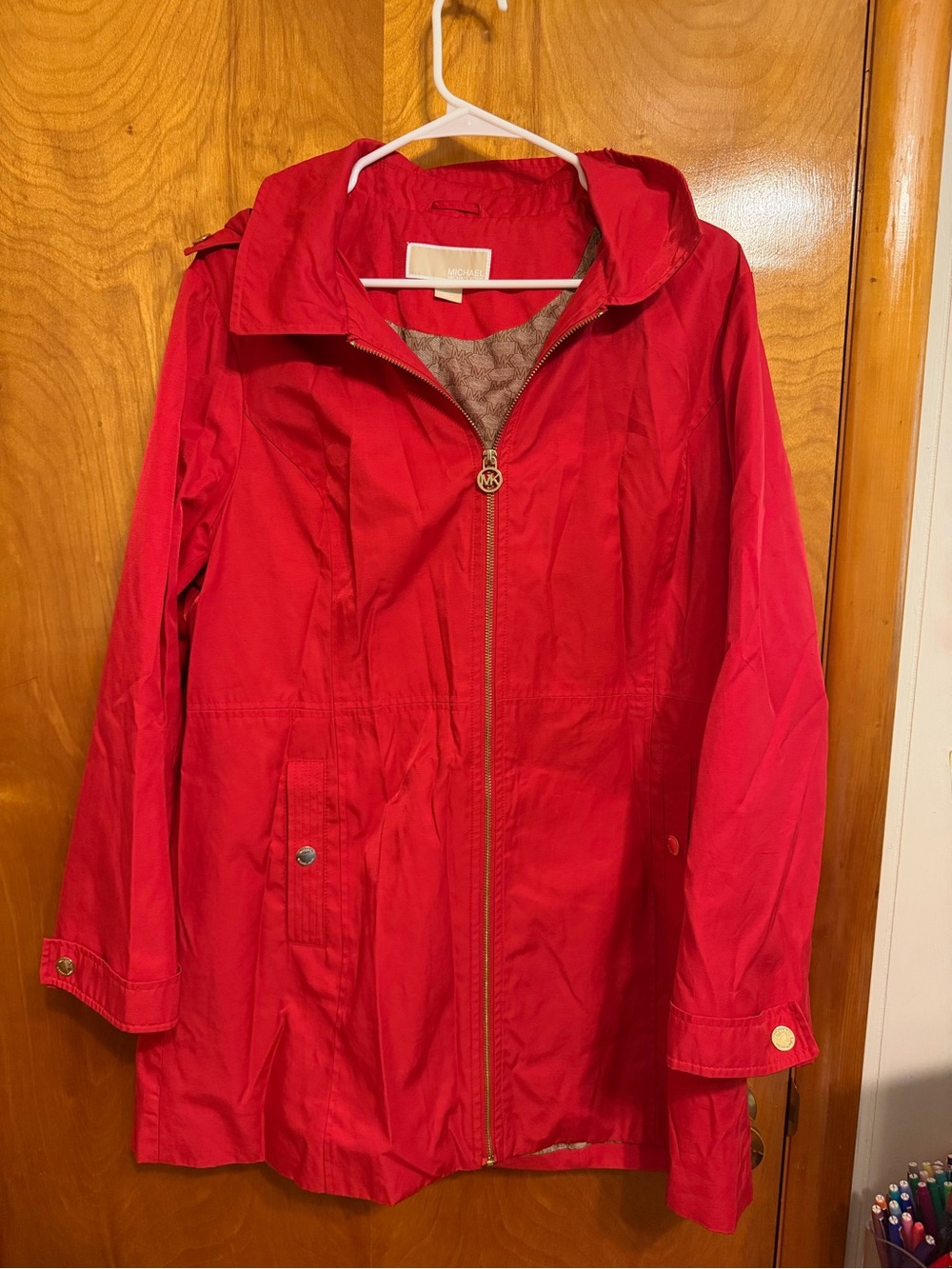 Michael Kors Bright Red Hooded Trench Coat